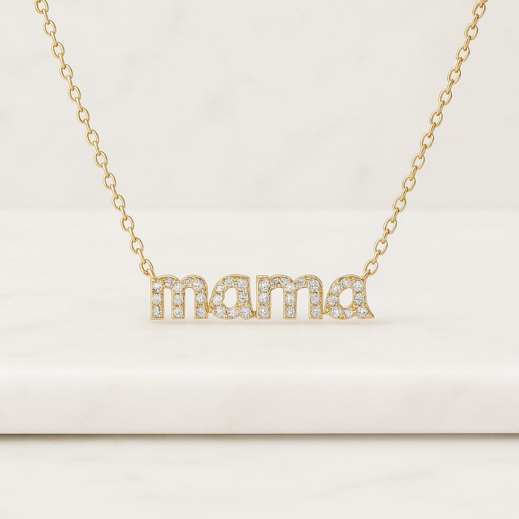 18K Gold Filled Pave Diamond Mama Script Necklace Minimalist Diamond Mama Necklace