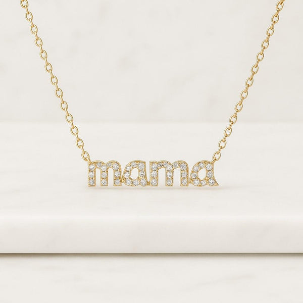 18K Gold Filled Pave Diamond Mama Script Necklace Minimalist Diamond Mama Necklace