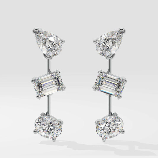 18K Gold Lab Grown 3 Stone Drop Dangle Earrings