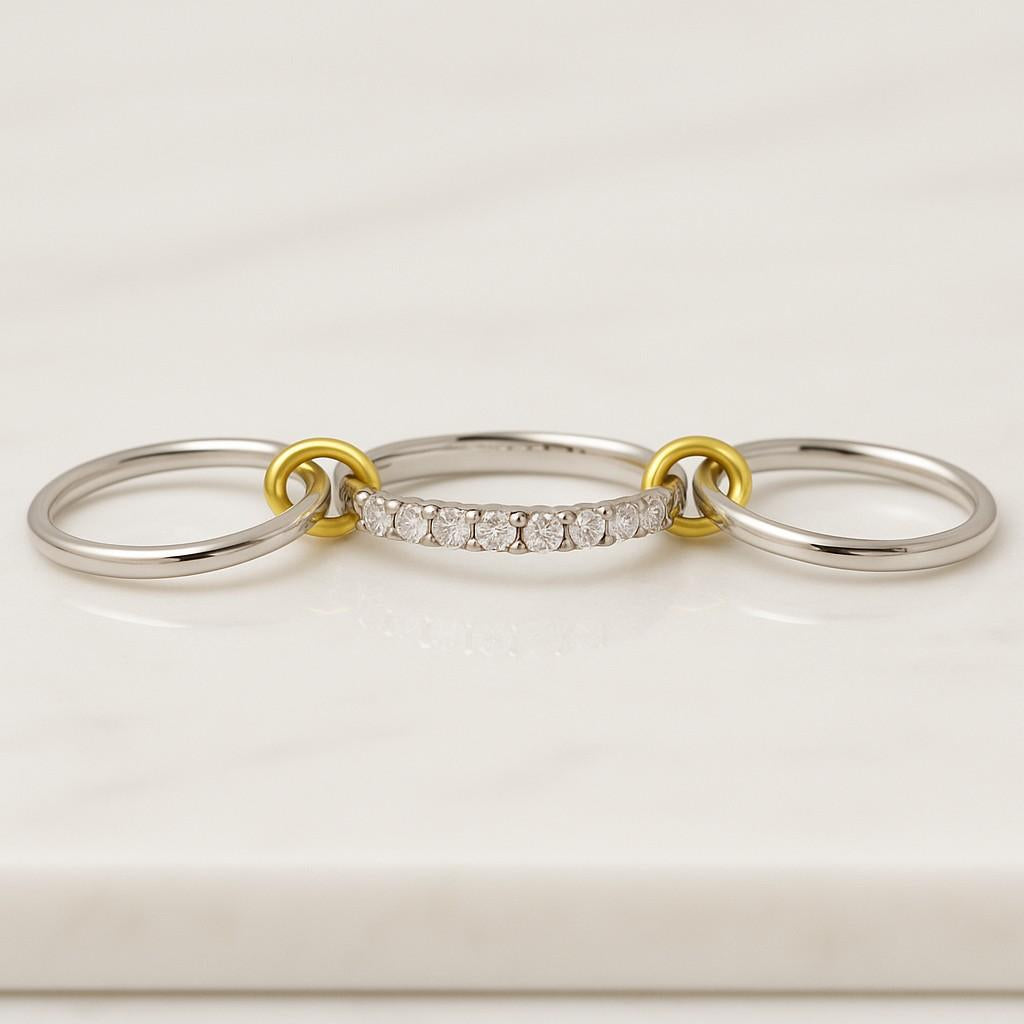 14K Gold Multi Link Connected Ring Stackable Band Eternity Statement Ring Gold Interlocking Zircon Ring Double CZ Ring