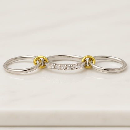 14K Gold Multi Link Connected Ring Stackable Band Eternity Statement Ring Gold Interlocking Zircon Ring Double CZ Ring