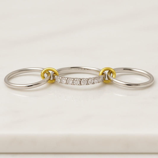 14K Gold Multi Link Connected Ring Stackable Band Eternity Statement Ring Gold Interlocking Zircon Ring Double CZ Ring