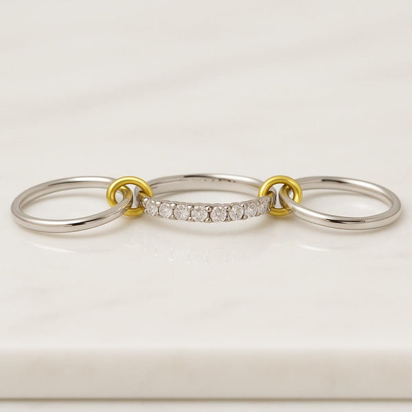 14K Gold Multi Link Connected Ring Stackable Band Eternity Statement Ring Gold Interlocking Zircon Ring Double CZ Ring