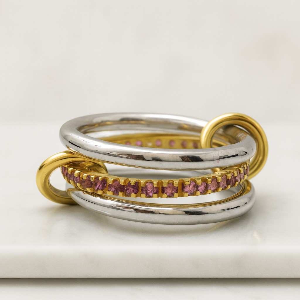 18K Gold Over Titanium Trio Linked Ring Band Multi Layered Linked Ring