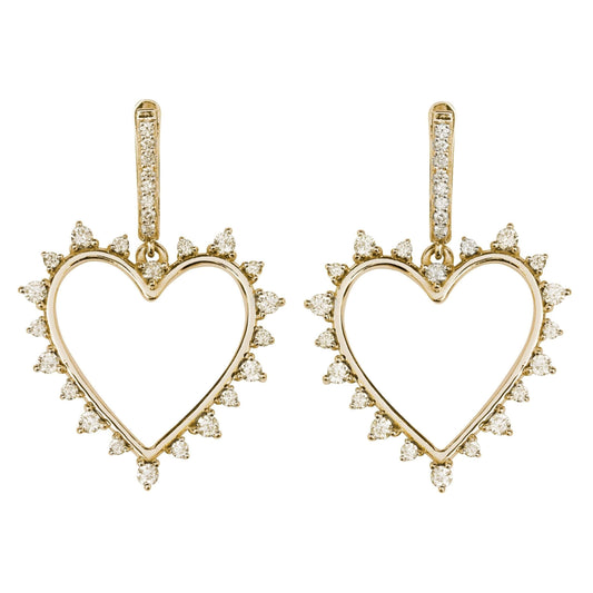 18K Heart Shaped Round Cut Diamond Hoop Earrings