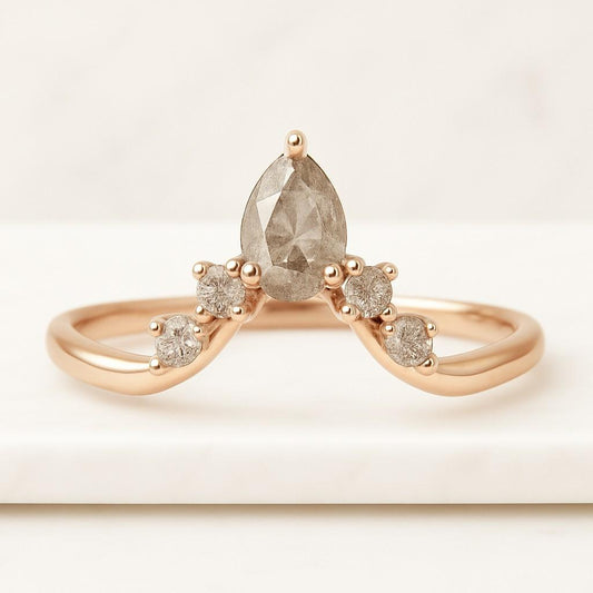 18K Pear Salt And Papper Natural Diamond Engagement And Wedding Ring