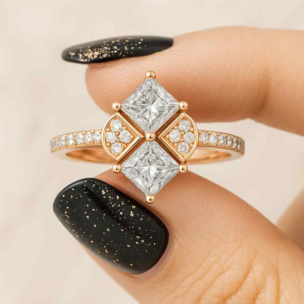 18K Rose Gold Wedding Ring, Cluster Diamond Ring