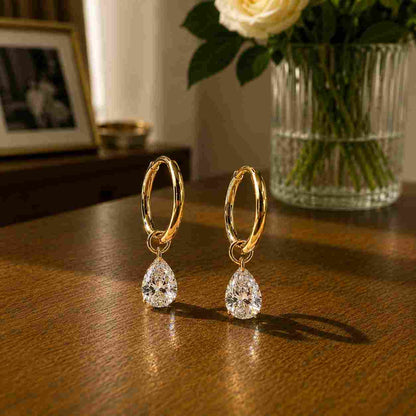 18K Solid Gold Drilled Lab Grown Diamond Dangle Earring | Pear Cut Drop Charm | Huggie Hoops | IGI Certified | Laser-drilled Technique

