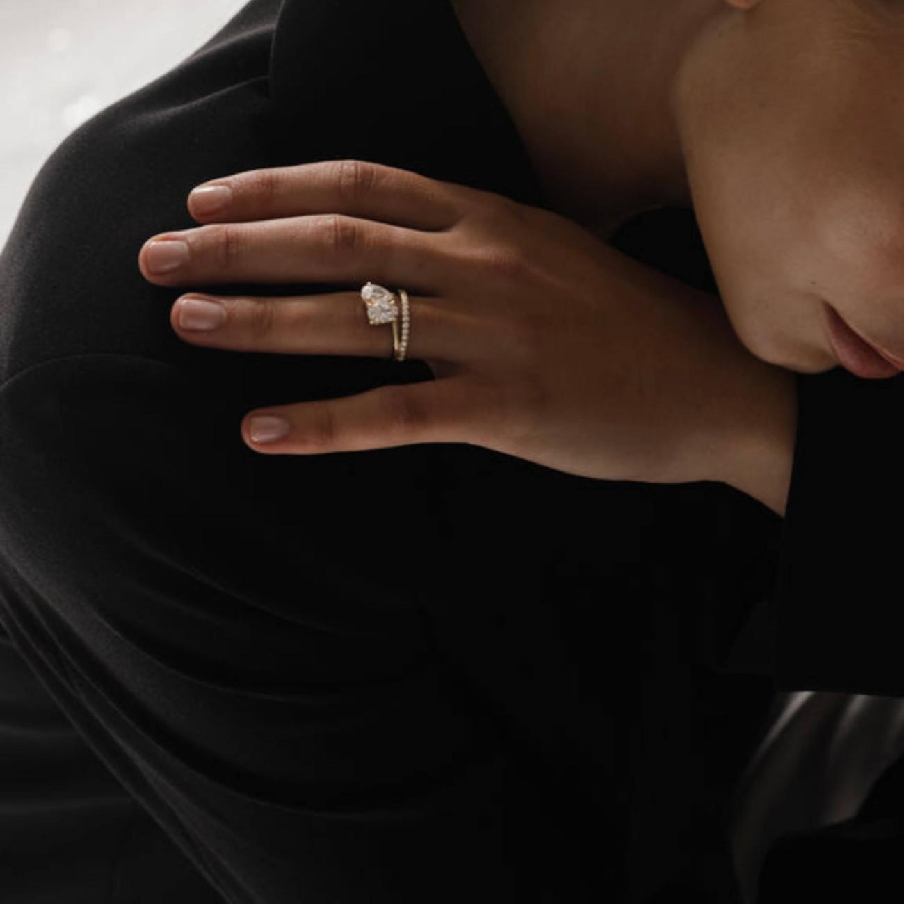 18K Solid Gold Two Stone Ring, Pear Cut Lab Grown Engagement Ring