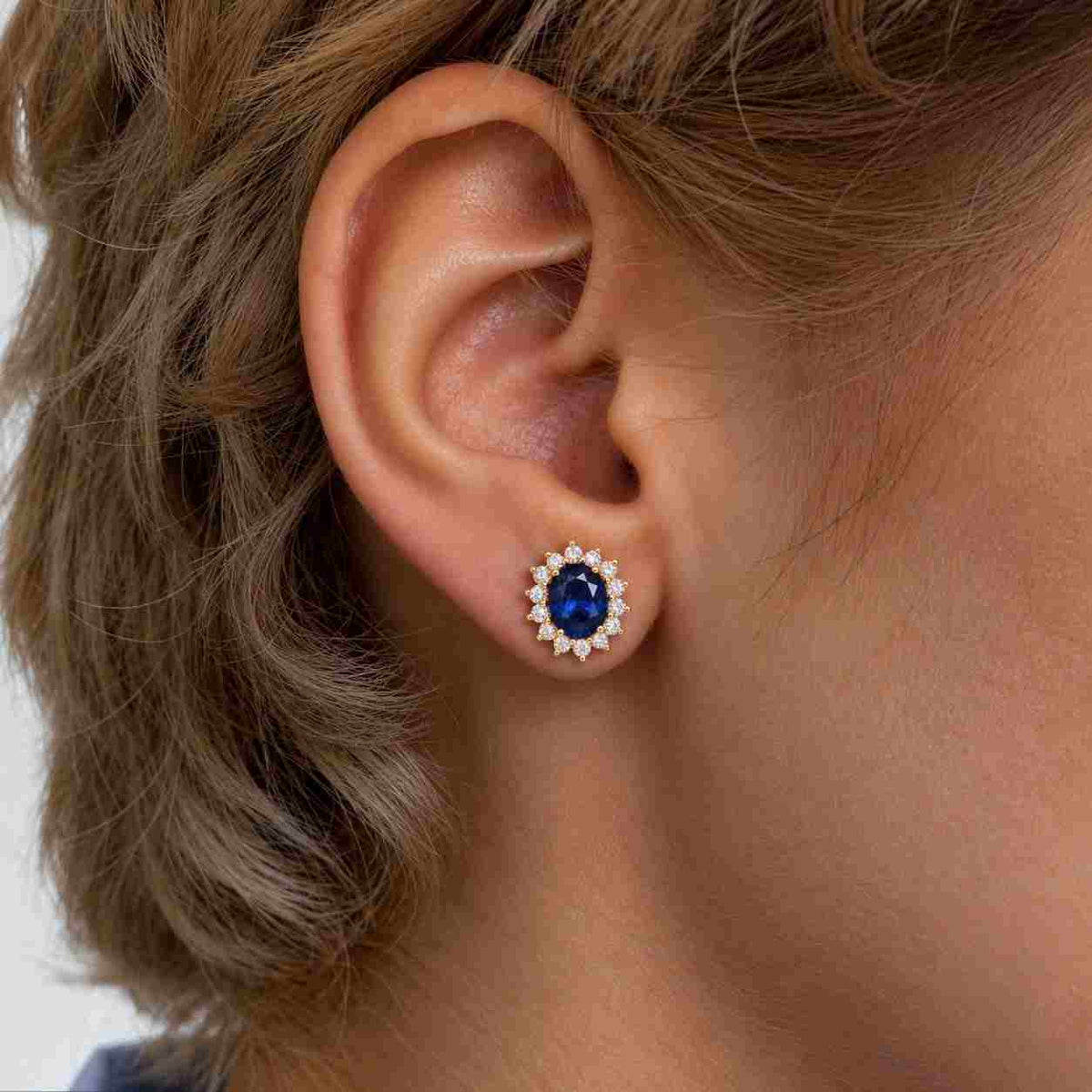 18K White Gold Natural Blue Sapphire Diamond Halo Stud Earrings 