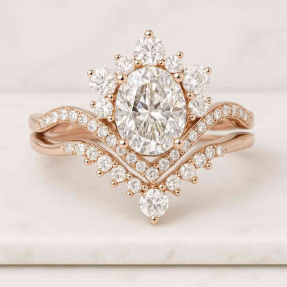 18k Solid Gold Diamond Wedding Band, Solid Gold Diamond Band for Her Crushed Ice Oval Moissanite Ring Set Colorless Moissanite Wedding Ring Eternity Moissanite Bridal Band Accent Moissanite Bridal Ring Set