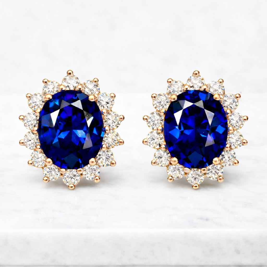 18k gold blue sapphire halo earrings | si/h color certified natural diamond sapphire studs | prong set oval earrings | mother's day gift
