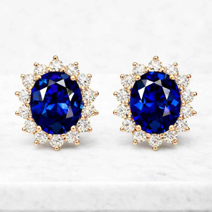 18k Gold Blue Sapphire Halo Earrings | Si/H Color Certified Natural Diamond Sapphire Studs | Prong Set Oval Earrings | Mother's Day Gift
