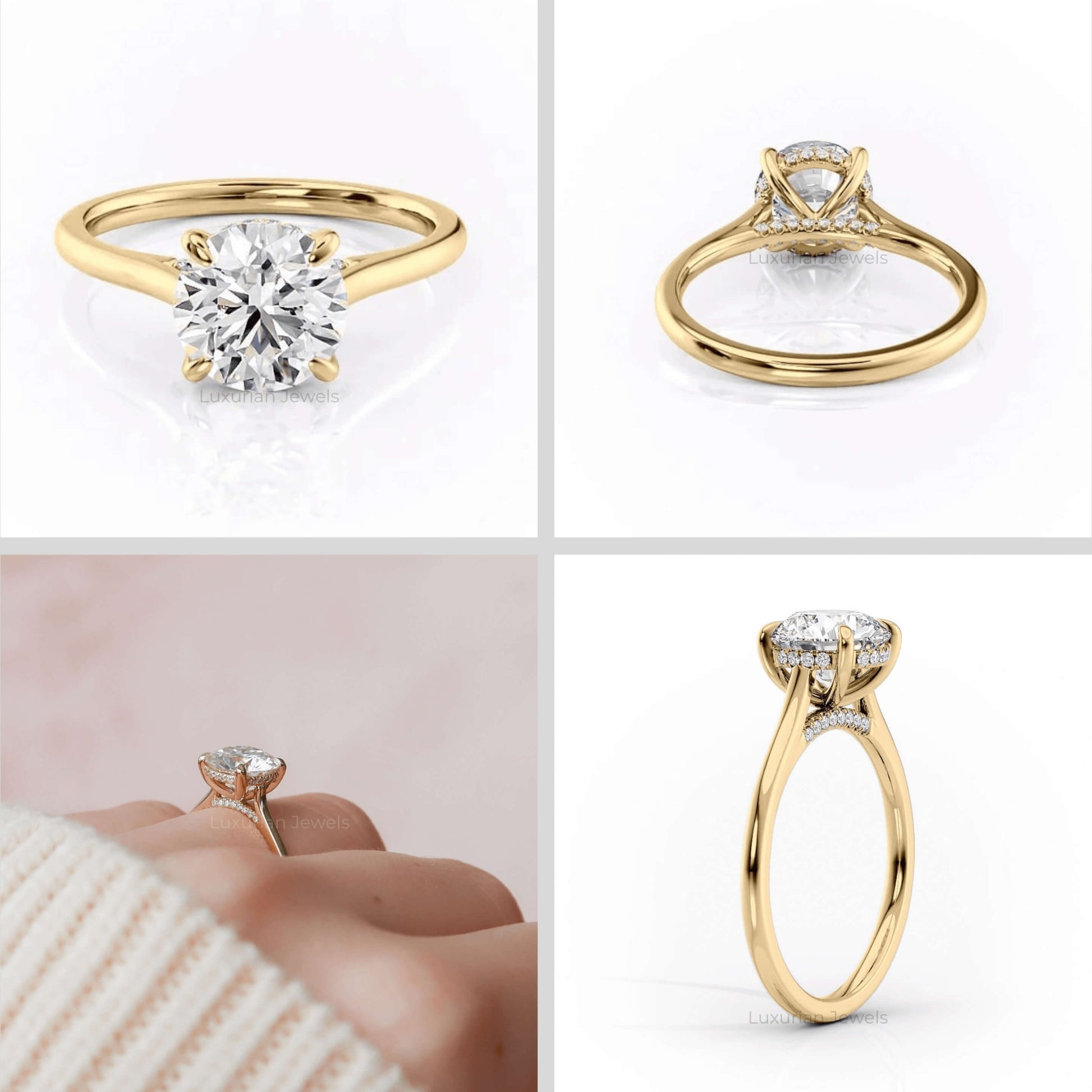 18k Gold Round Cut Diamond Engagement Ring With Hidden Halo