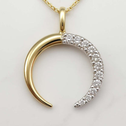 18k Solid Gold Diamond Crescent Necklace Celestial Jewelry