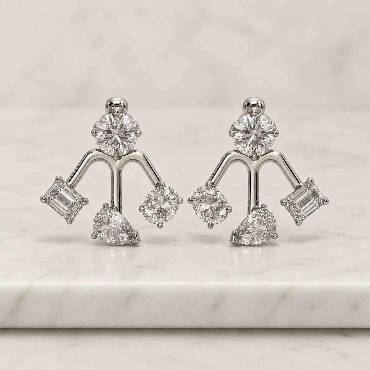18k Solid Gold Lab-Grown Diamond Earrings, Curved Ear Jackets, Round Cut Diamond
