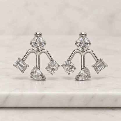 18k Solid Gold Lab-Grown Diamond Earrings, Curved Ear Jackets, Round Cut Diamond
