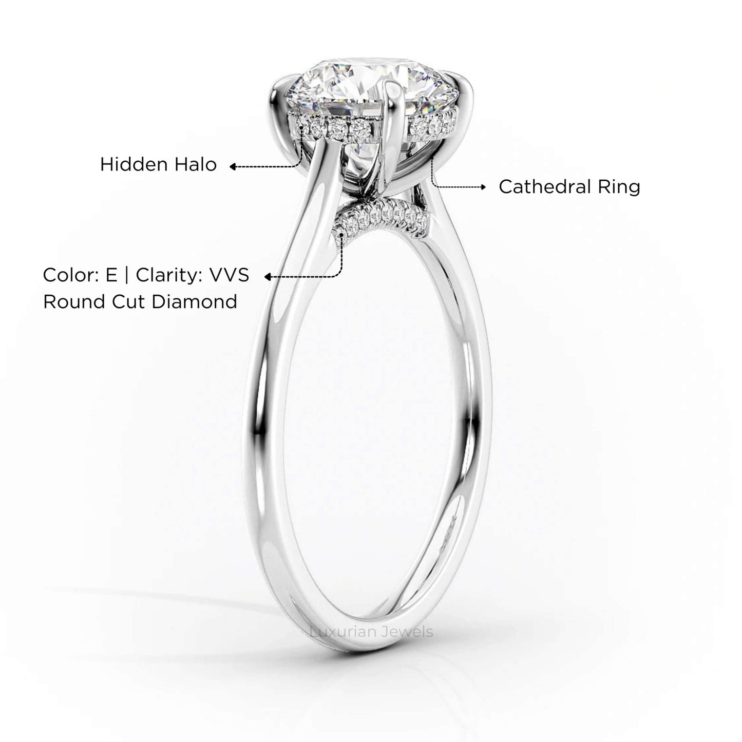 18k White Gold Round Cut Diamond Engagement Ring With Hidden Halo