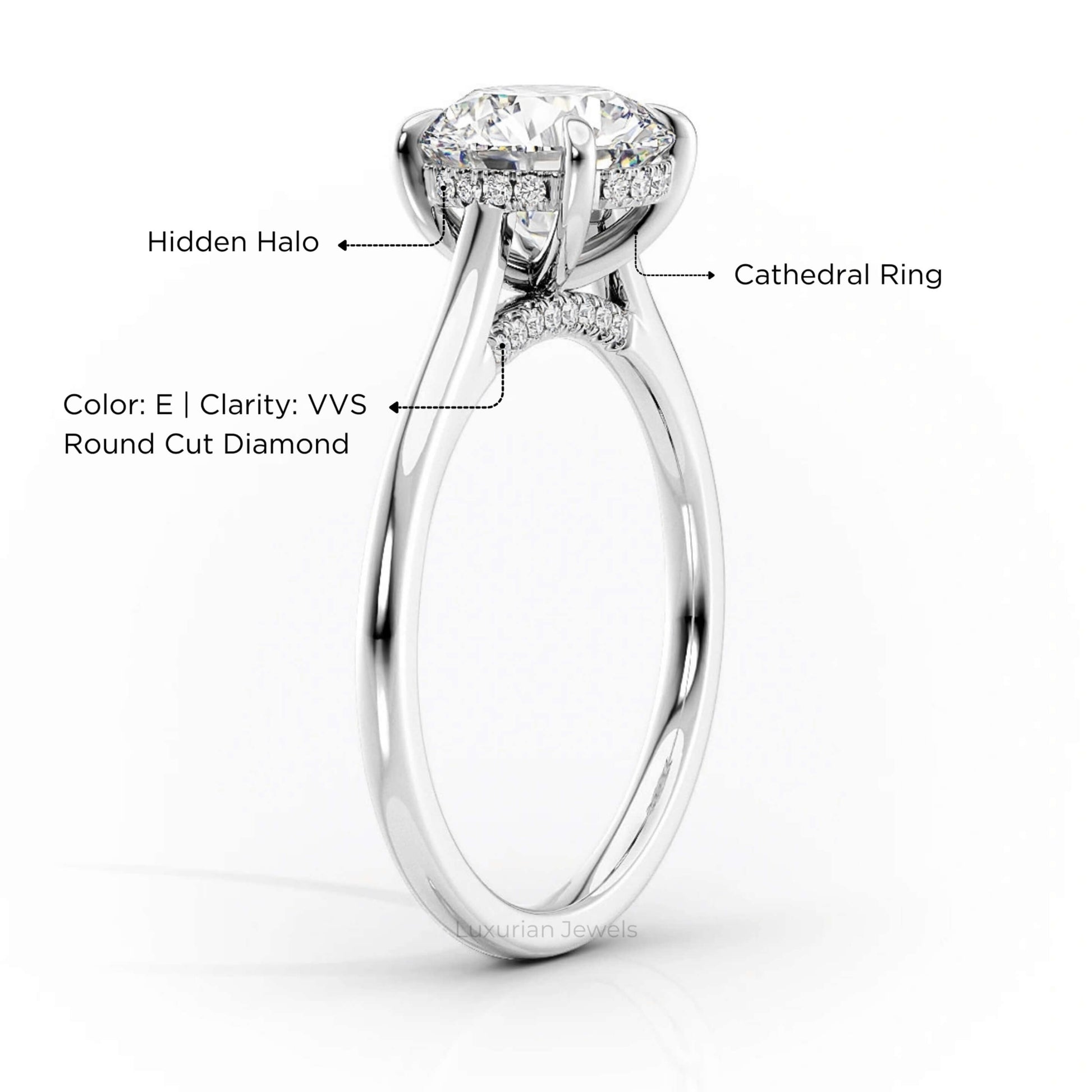 18k White Gold Round Cut Diamond Engagement Ring With Hidden Halo