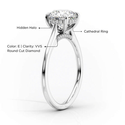 18k White Gold Round Cut Diamond Engagement Ring With Hidden Halo