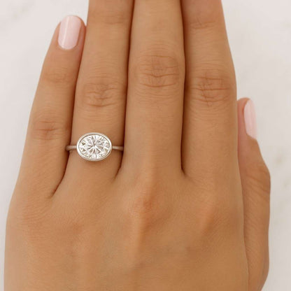 18k Yellow East-West Oval Curved lab Grown Diamond Engagement Ring Prong Set Ring Stacking Jewelry Solitaire Ring Handmade Jewelry For Her