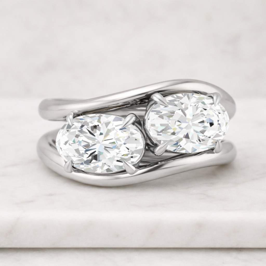 18k Yellow East-West Oval Curved lab Grown Diamond Engagement Ring Set, Prong Set Ring, Two Stone Ring