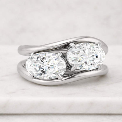 18k Yellow East-West Oval Curved lab Grown Diamond Engagement Ring Set, Prong Set Ring, Two Stone Ring