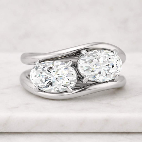 18k Yellow East-West Oval Curved lab Grown Diamond Engagement Ring Set, Prong Set Ring, Two Stone Ring