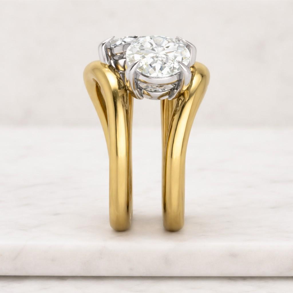 18k yellow east-west oval curved lab grown diamond engagement ring set prong set ring two stone ring handmade jewelry for couple