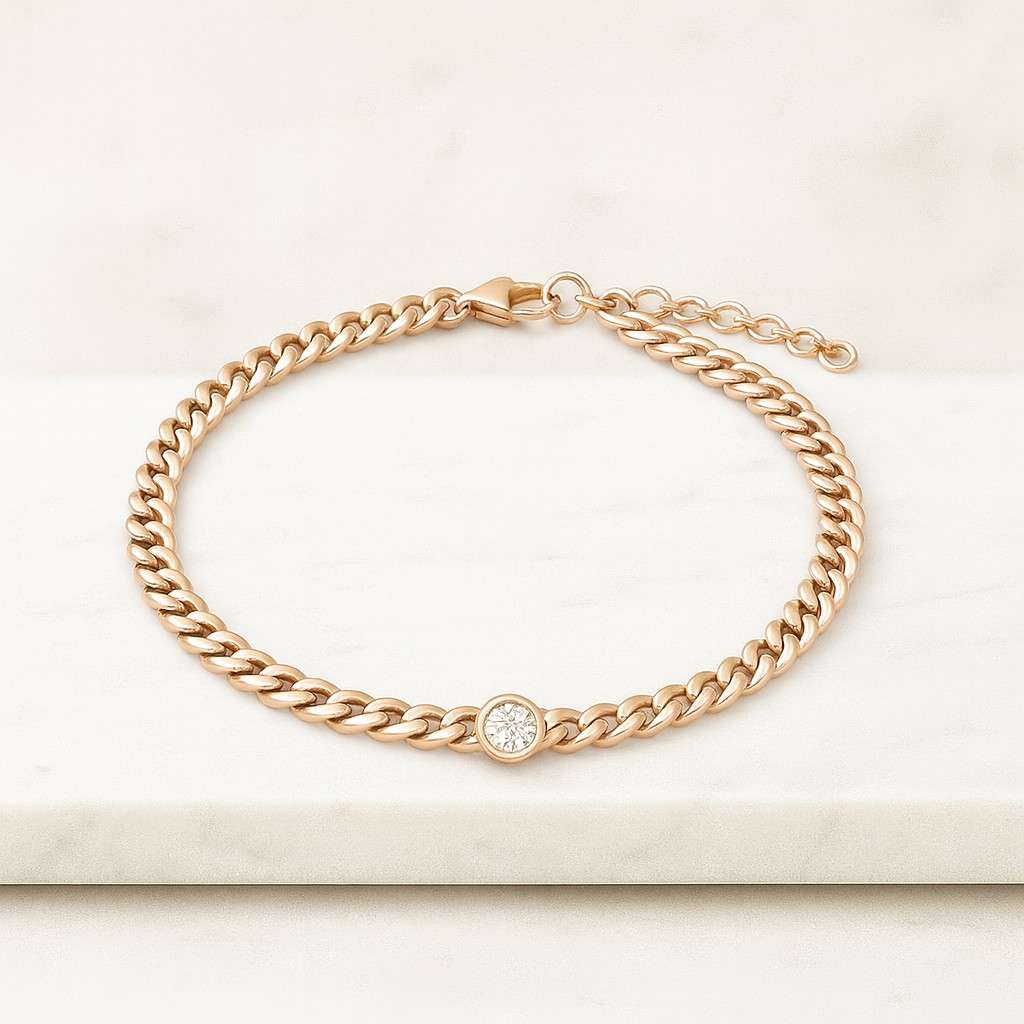 18k Yellow Gold Diamond Bezel Bracelet Half Chain Link Stackable Bracelet