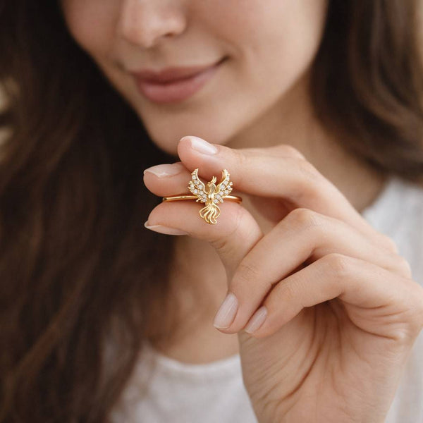 18k gold phoenix ring with lab created diamonds dainty statement ring, Gold Finish Rebirth Symbol Statement Jewelry 