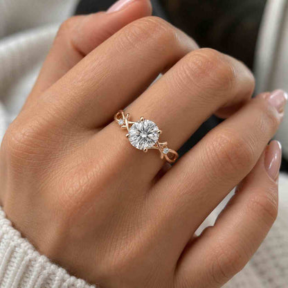 1CT IGI Certified Round cut Lab grown diamond engagement ring rose gold ring leaf branch wedding ring promise Anniversary gift for her