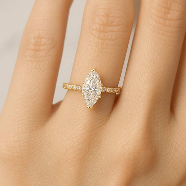 1CT Lab Grown Diamond Marquise Engagement Ring, 18K Yellow Gold Pave Anniversary Ring