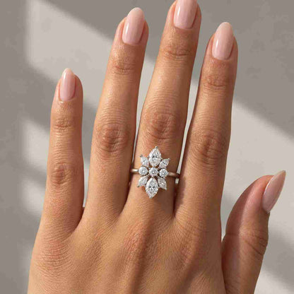 1CT Marquise Lab Grown Diamond Engagement Ring, Yellow Gold Cluster Ring, Lab Diamond Bridal Ring