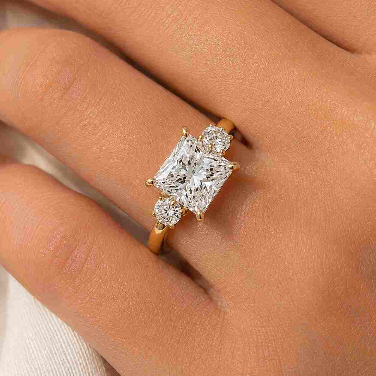 1 ct princess cut lab grown diamond ring, igi certified, 14k yellow gold, split shank pavé engagement ring
