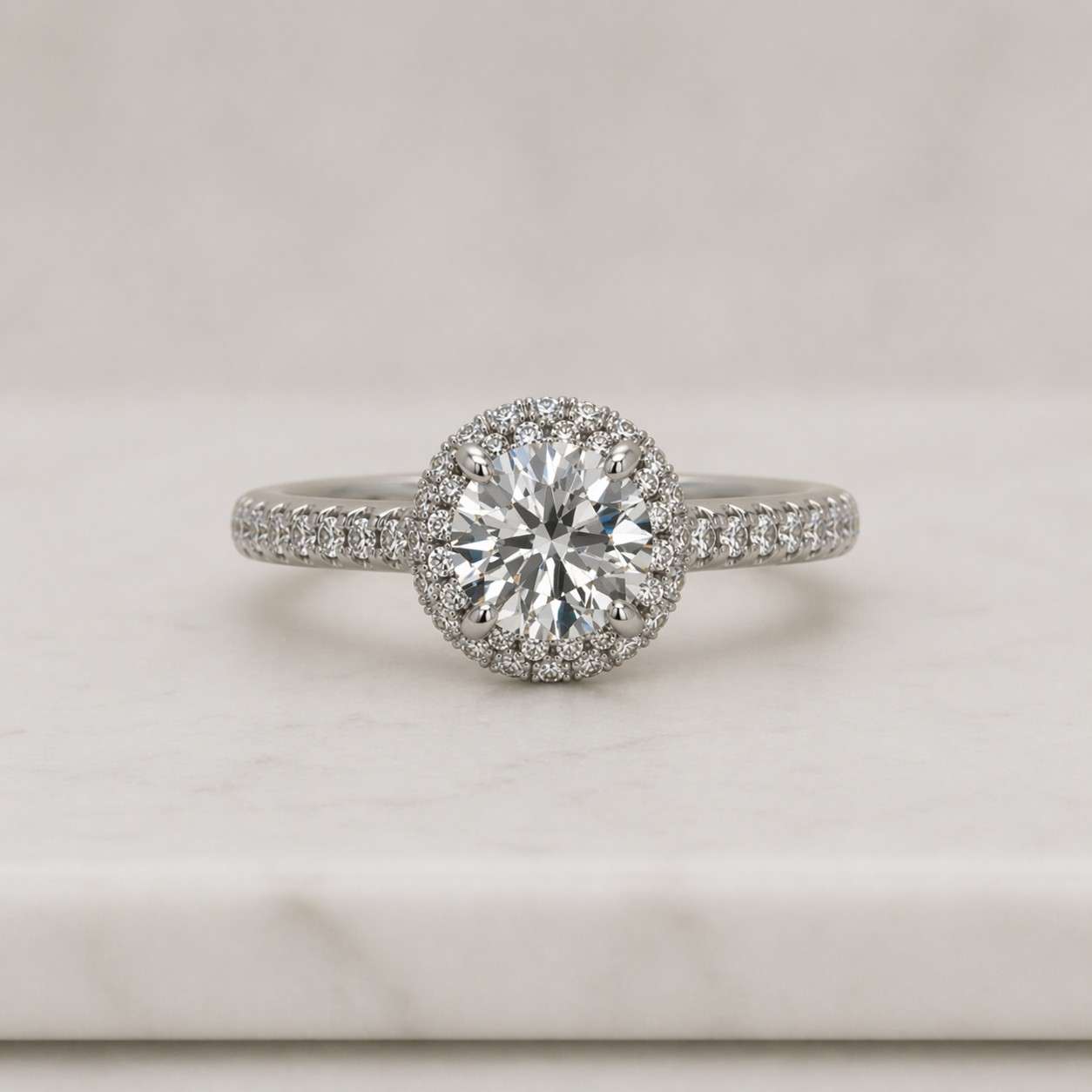 brilliant round cut moissanite engagement ring: double halo split shank ring