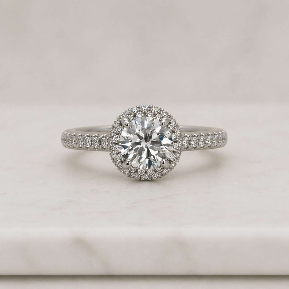 Brilliant Round Cut Moissanite Engagement Ring: Double Halo Split Shank Ring