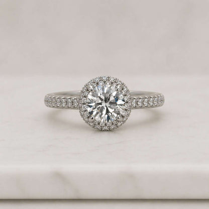 Brilliant Round Cut Moissanite Engagement Ring: Double Halo Split Shank Ring