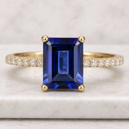 1 ct Emerald Cut Lab Blue Sapphire Ring, Emerald Engagement Ring, East-West Set Ring, Solitaire Ring, Dainty Ring, Pave Moissanite Ring
