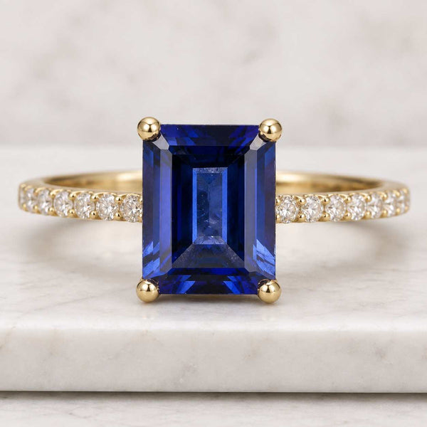 1 ct Emerald Cut Lab Blue Sapphire Ring, Emerald Engagement Ring, East-West Set Ring, Solitaire Ring, Dainty Ring, Pave Moissanite Ring
