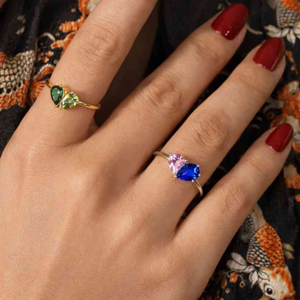 Solid Gold Toi et Moi, Green Emerald & Pear Moissanite Engagement Ring, Birthstone Ring,

