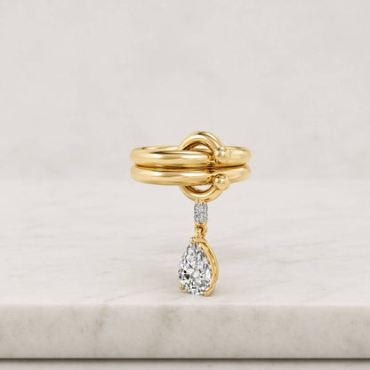 Gold Knot Heart Charm Ring, Dainty Multi Gemstone Ring, 14K Gold Minimalist Love Knot Ring, with Dangling Heart Birthstone Gift for Her