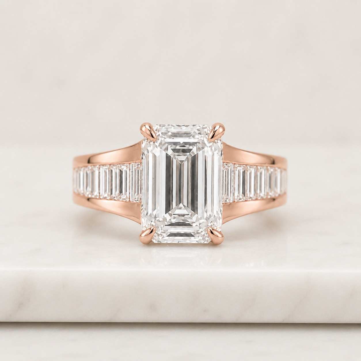 Emerald Cut Lab Grown Diamond Engagement Ring with Baguette Band, 14K Solid Gold Ring, Moissanite Solitaire, Art Deco Wedding Ring For Women
