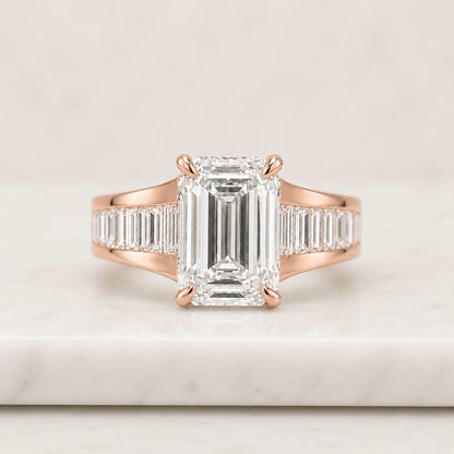 Emerald Cut Lab Grown Diamond Engagement Ring with Baguette Band, 14K Solid Gold Ring, Moissanite Solitaire, Art Deco Wedding Ring For Women
