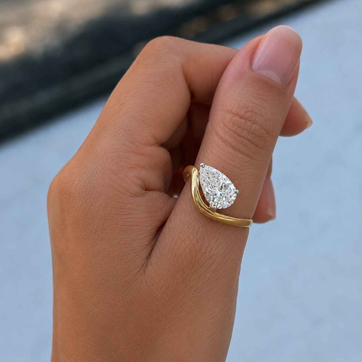 14k gold pear cut lab grown diamond ring, wave wedding band