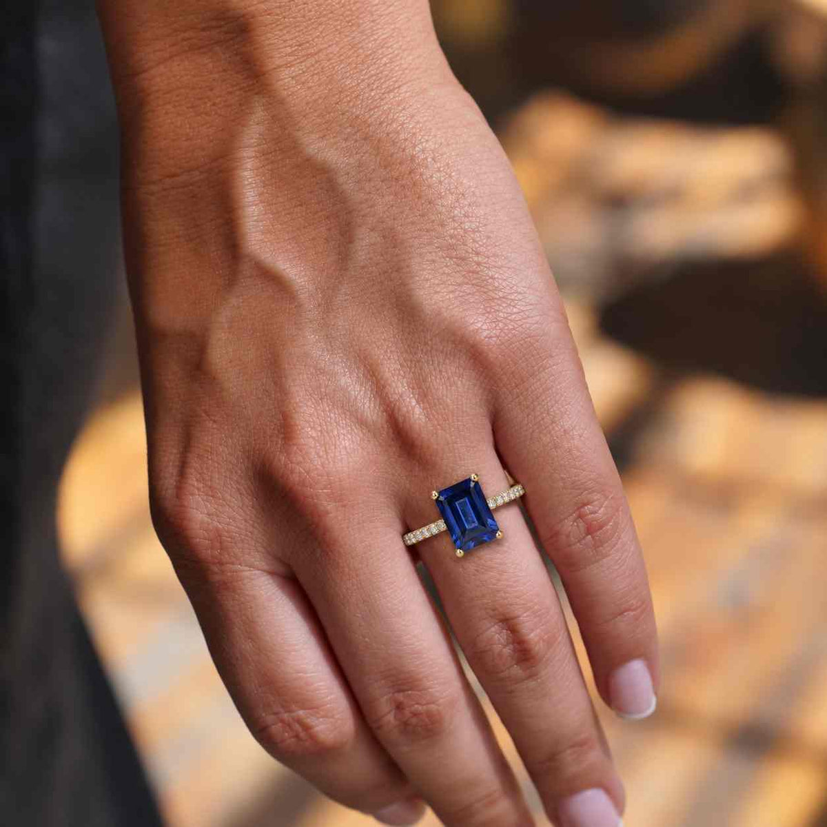 1ct Sapphire Emerald Cut Engagement Ring Lab Grown Sapphire Ring Emerald Split Shank Ring Unique Anniversary Ring for Her Promise Ring
