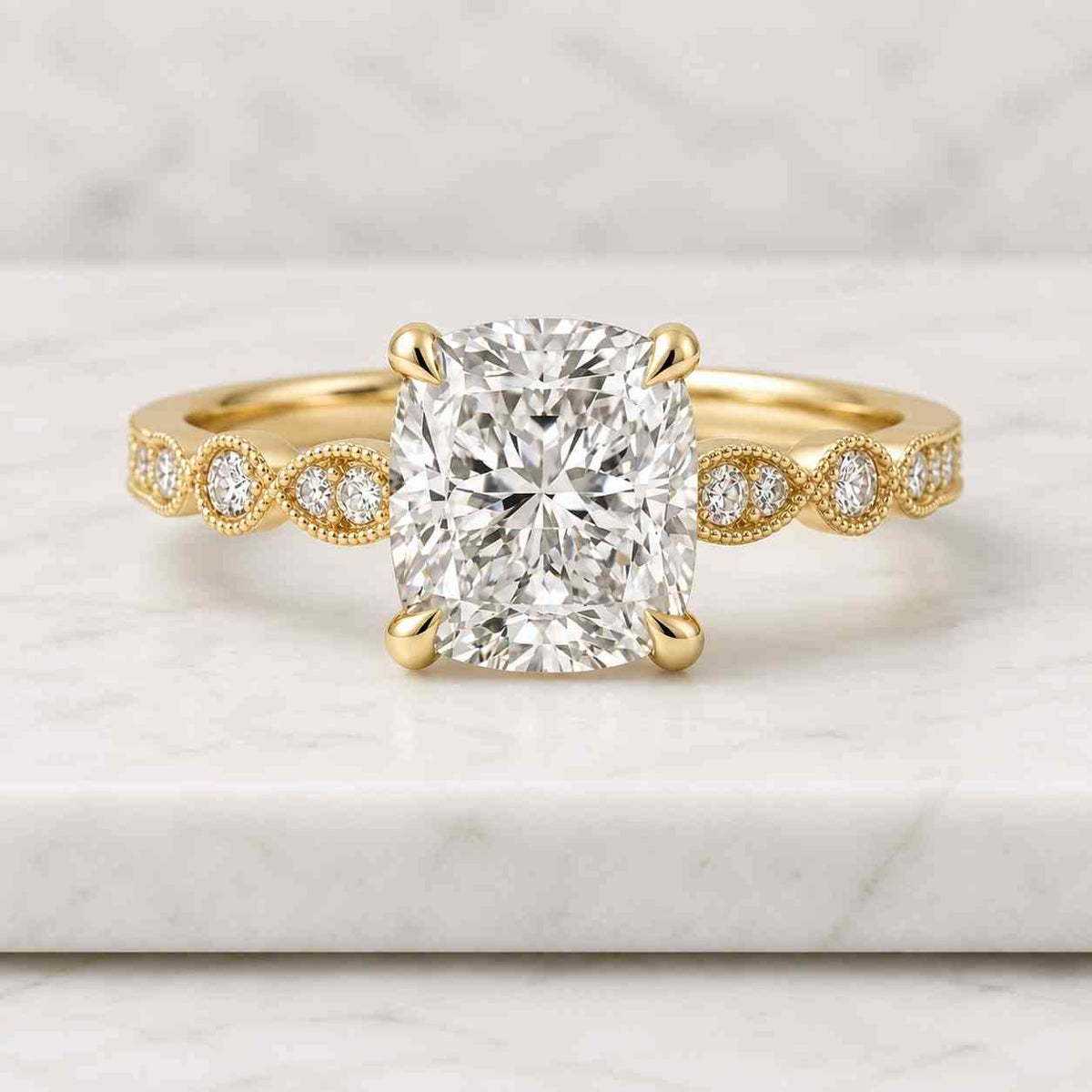 2-CT Three Stone Cushion Cut CVD Diamond Engagement Ring Side Stone Pear Classic Wedding Anniversary Gift IGI Certified Bridal Trilogy Ring