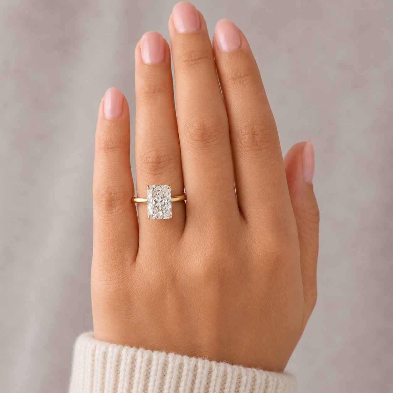 2.00ct east-west radiant cut lab-grown diamond or moissanite engagement ring, hidden halo, 14k gold