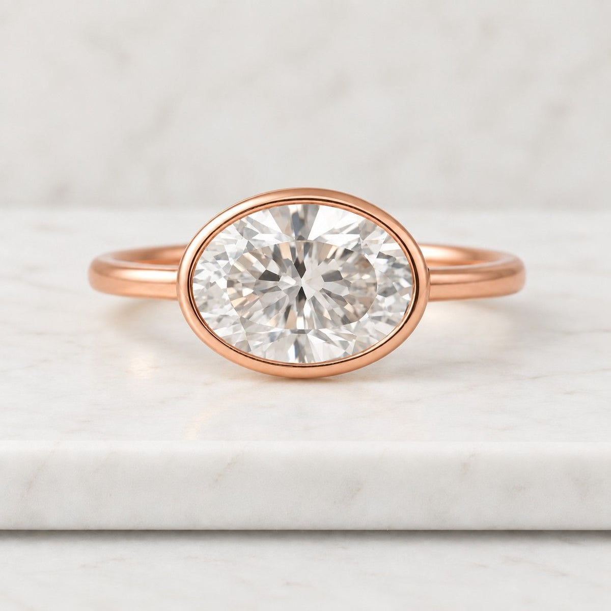 2.00Ct Oval Cut Lab Grown Diamond or Moissanite Tulip Bezel-Set Solitaire Engagement Ring / 14k-Gold-Ring
