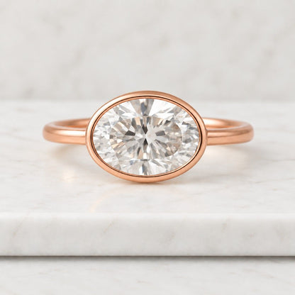 2.00Ct Oval Cut Lab Grown Diamond or Moissanite Tulip Bezel-Set Solitaire Engagement Ring / 14k-Gold-Ring